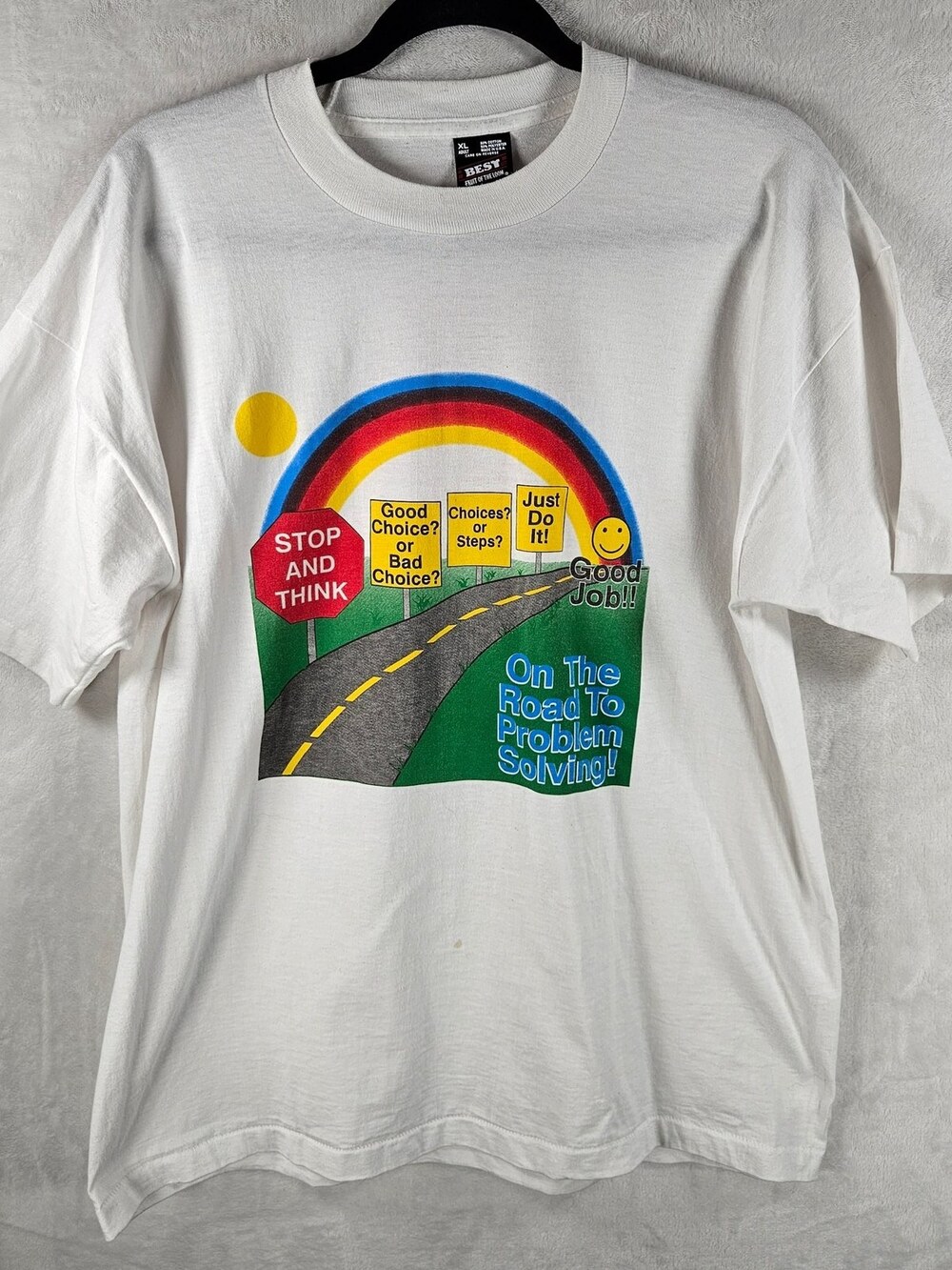 Fruit of the Loom T-Shirt Stop and Think Graphic White Size XL